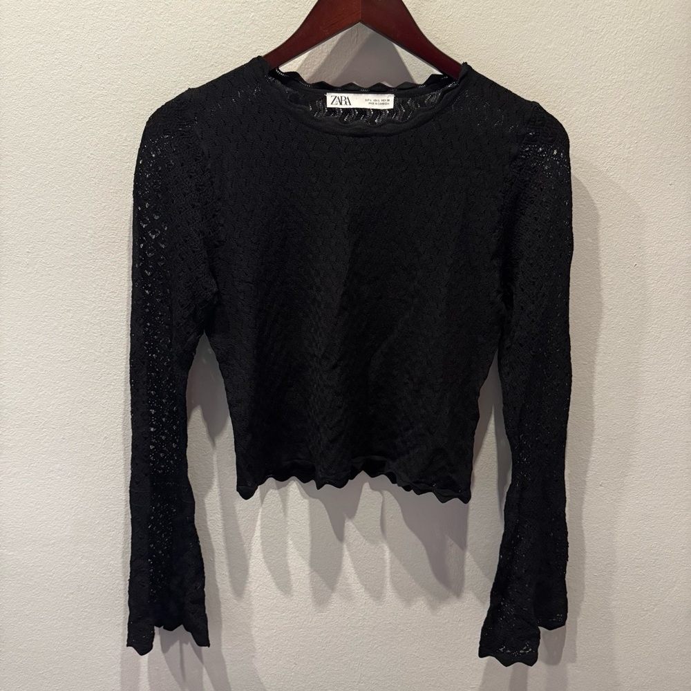 ZARA Black Long-Sleeve Knit Crop Top